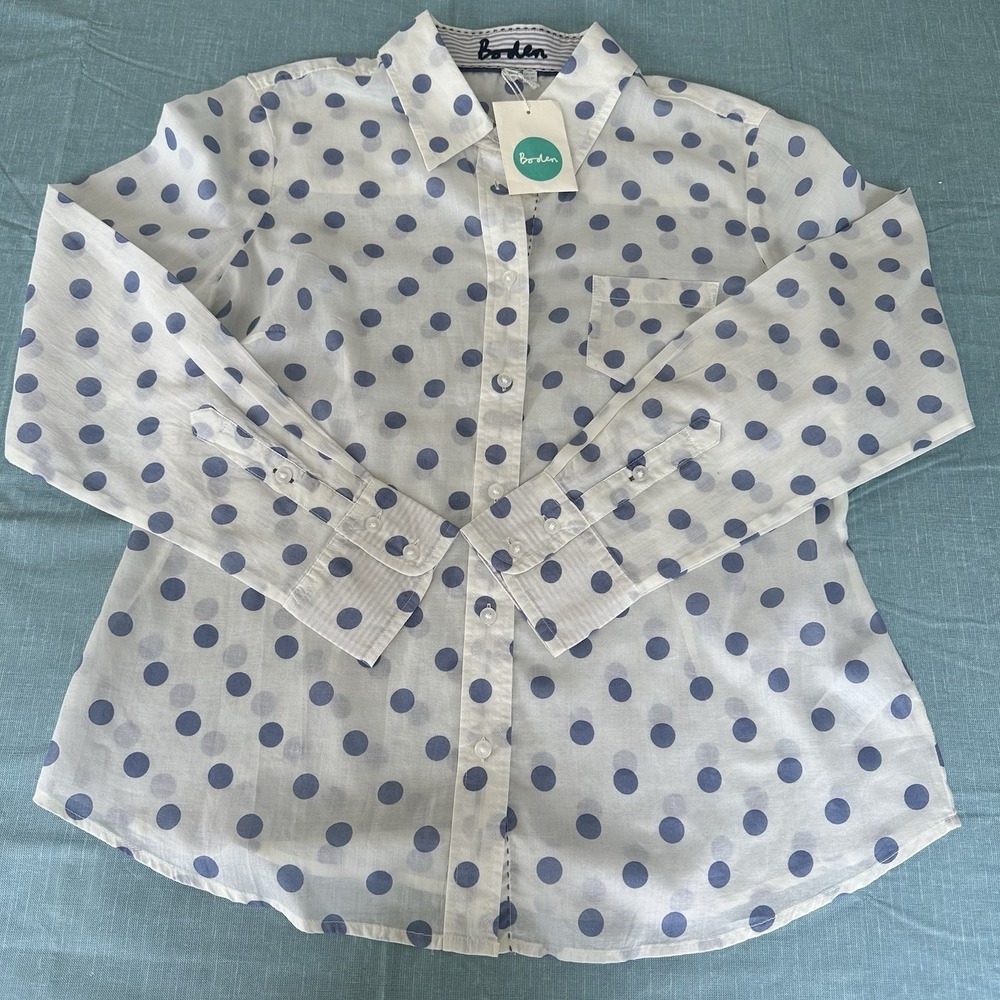 Boden Blue Polka Dot Cotton Button Up Shirt 8P Casual Preppy Office Lightweight